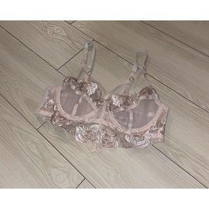 Wolf and Whistle Strappy Cage Bra Embroidered Floral Lace UW Womens 32C Pink
